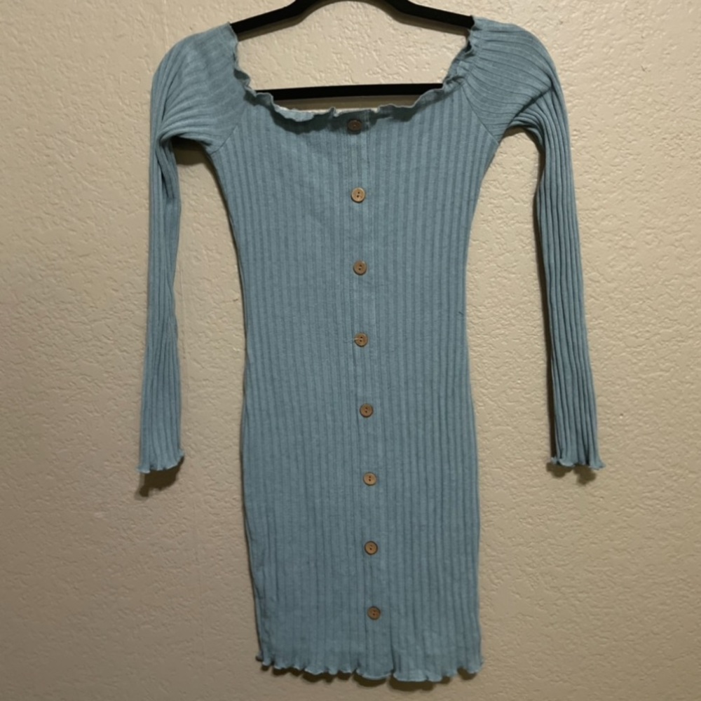 Fashion Nova blue knit off the shoulder bodycon dress